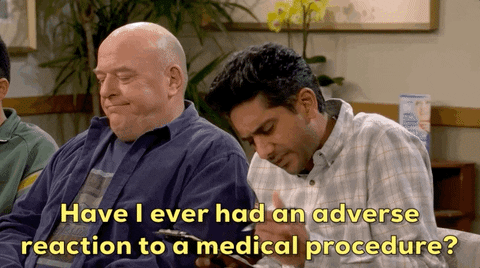 A person asks “Have I ever had an adverse reaction to a medical procedure,” and another answers, “Yeah, when you get the bill.”