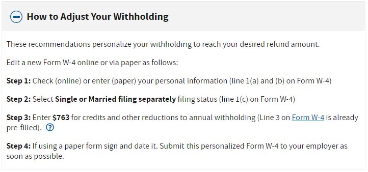 screenshot of IRS site explaining how to adjust withholding