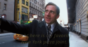 Man moving to New York walking saying, "Right here is my favorite New York pizza joint"