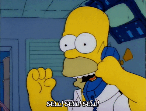 Homer Simson on the phone chanting, “Sell!”