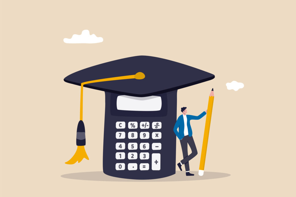 Vector illustration of a person paying off student loans leaning against a giant calculator wearing a mortar board cap