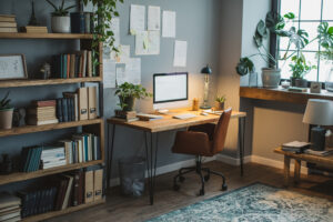 Modern home office featuring a wooden desk, chair, and monitor