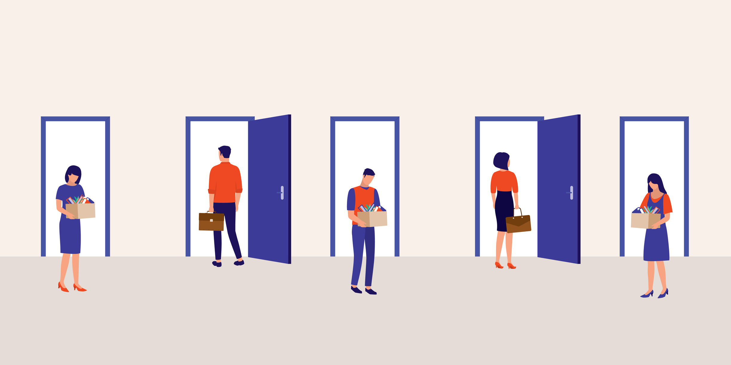 Vector illustration of employees entering and exiting doorways.