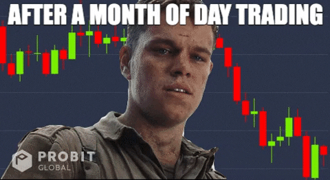 A rapidly aging man in front of a downward descending price chart with the text “after a month of day trading.”