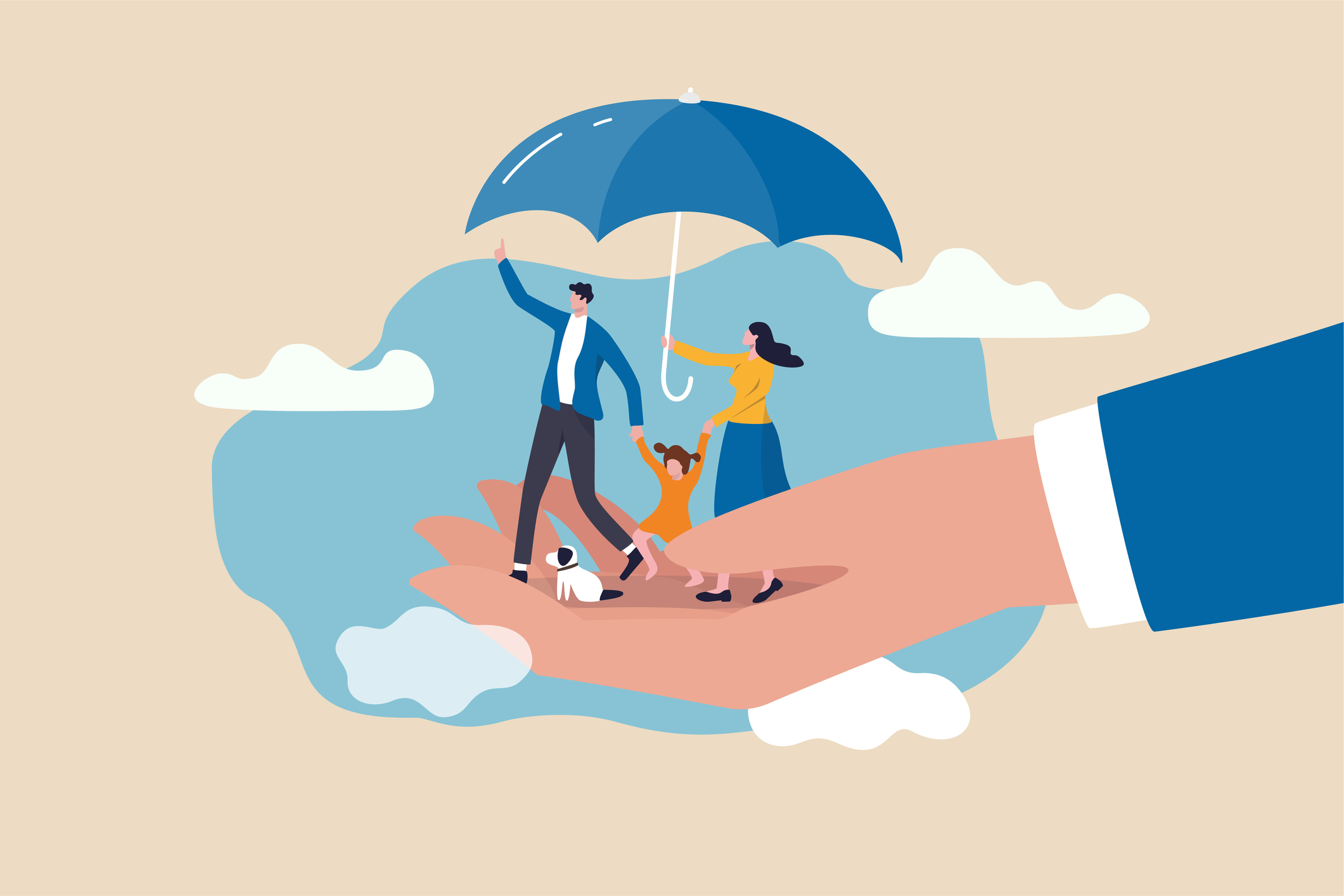 Vector image of a family holding an umbrella above their hands while balancing on a giant hand